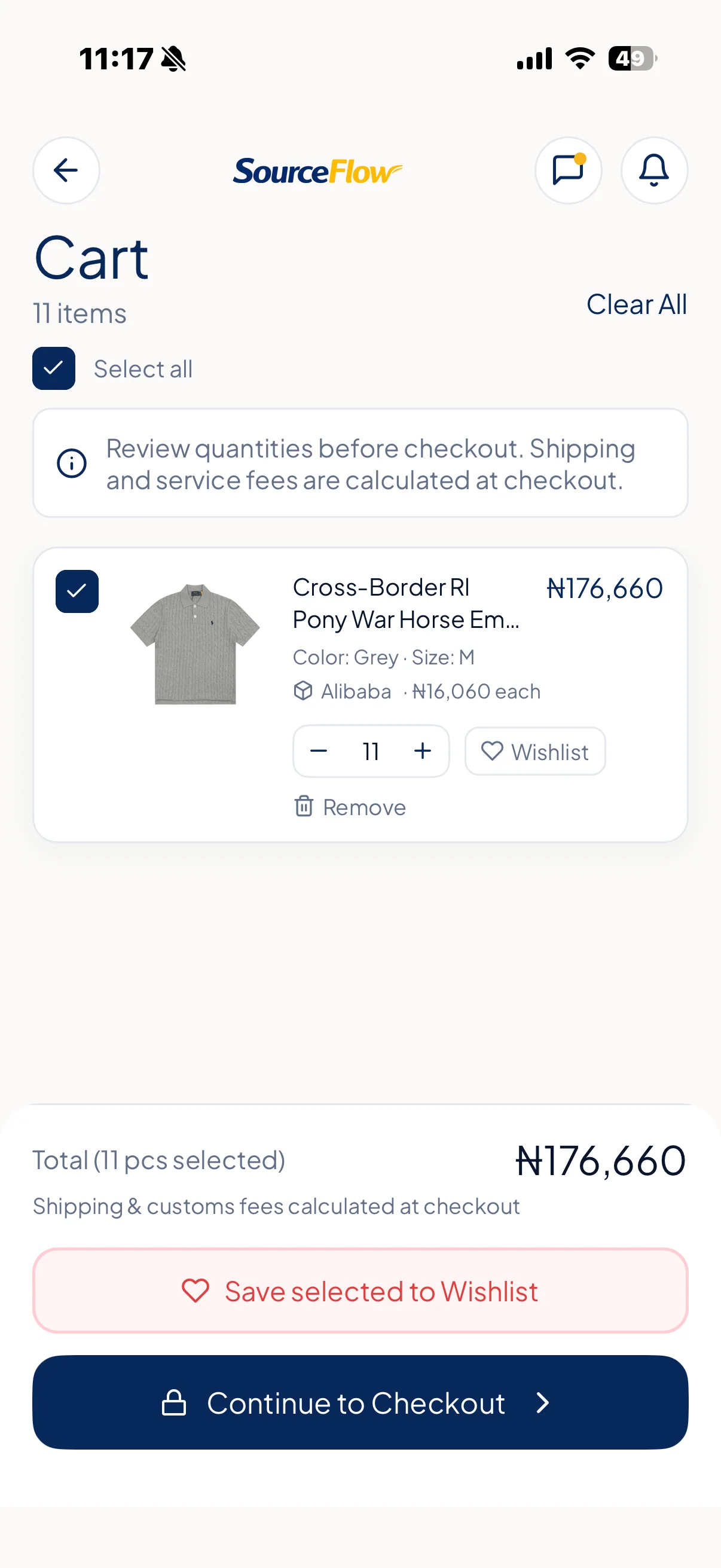 SourceFlow shopping cart and checkout screen