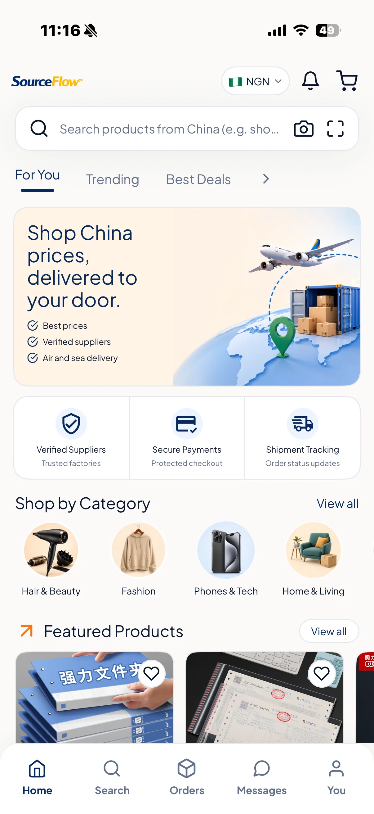 SourceFlow home screen showing products and categories